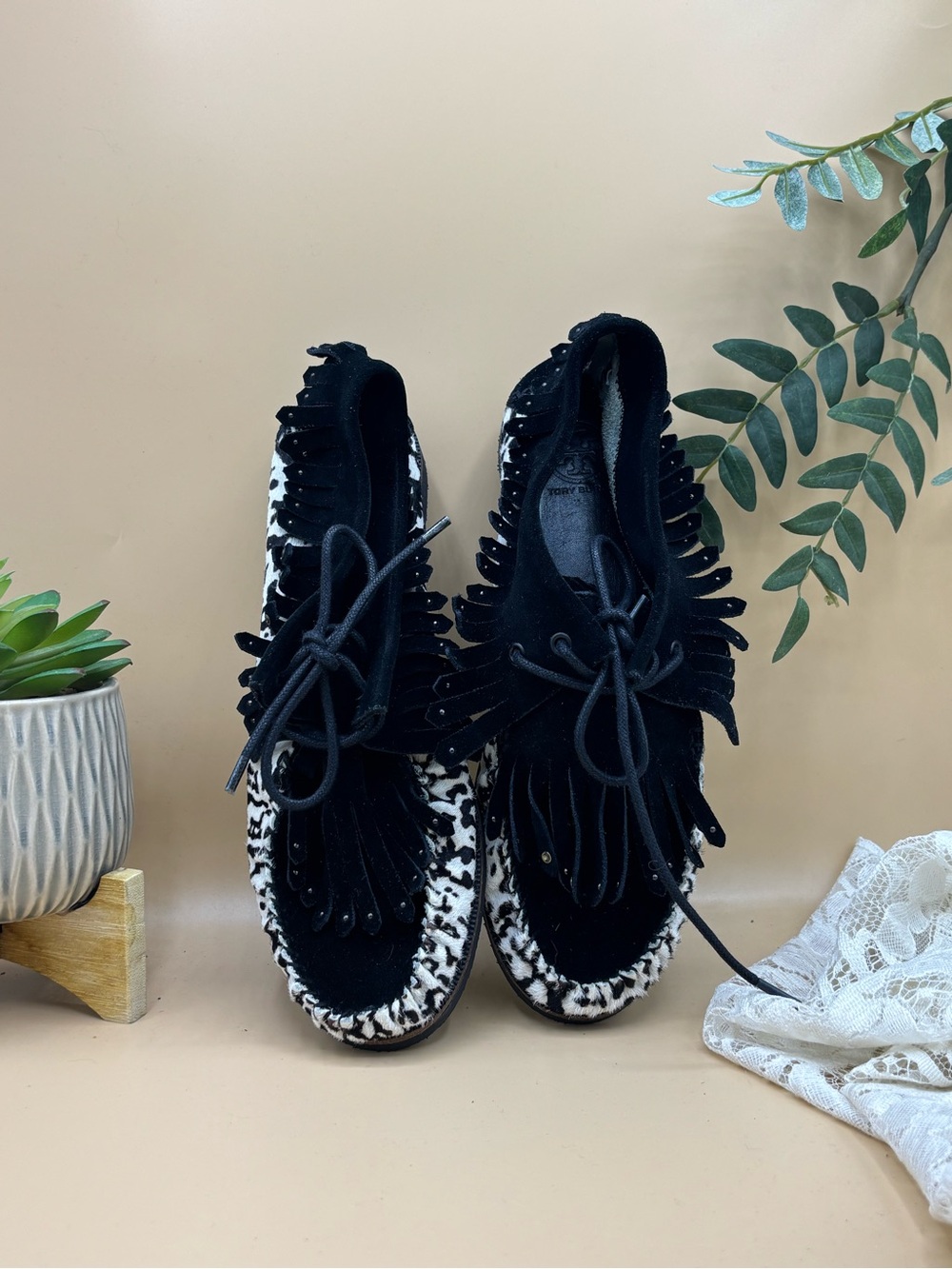 Tory Burch Fringe Studded Cow Print Moccasins